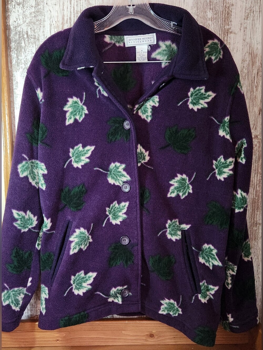 Vintage Jennifer Moore Purple Fleece Leaf Jacket Button Up Cozy Grandmacore M ๐